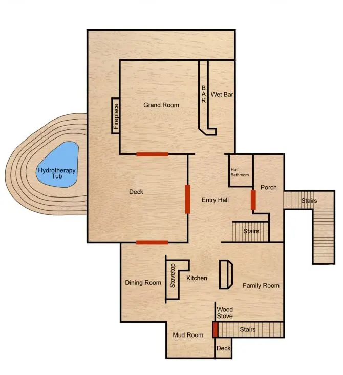 Main level floorplan: Grand Room with fireplace and wet bar, deck, hydrotherapy tub, entry hall, dining room, kitchen, family room with wood stove, mud room and half bath