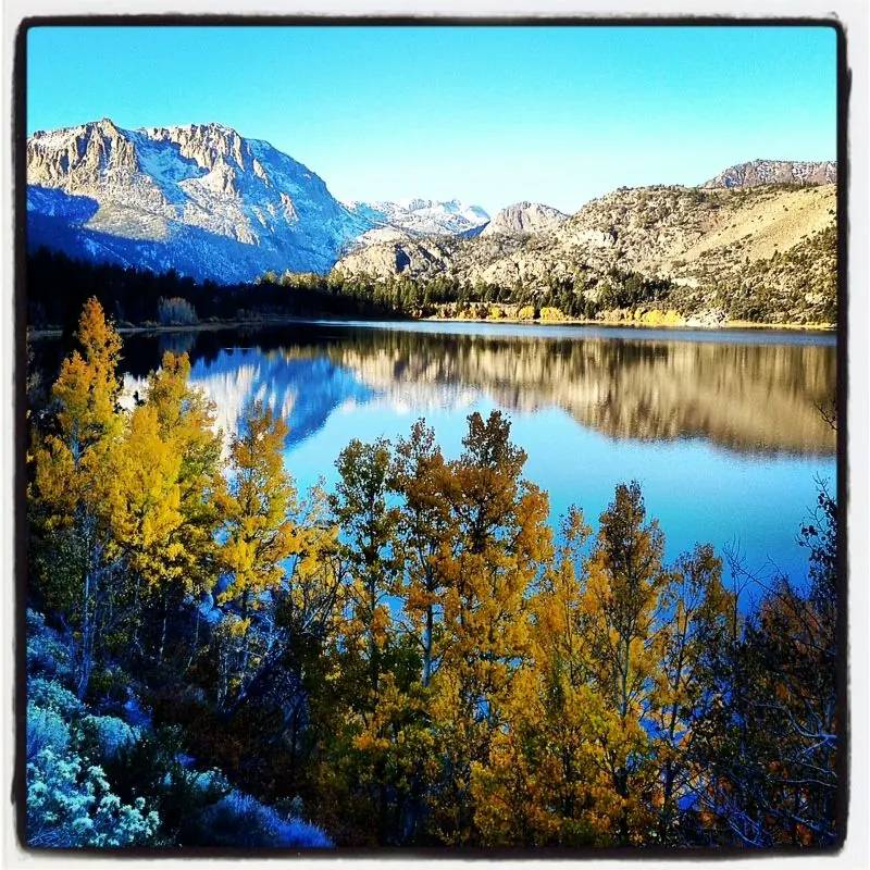 Fall color reflected in still water on the June Lake Loop