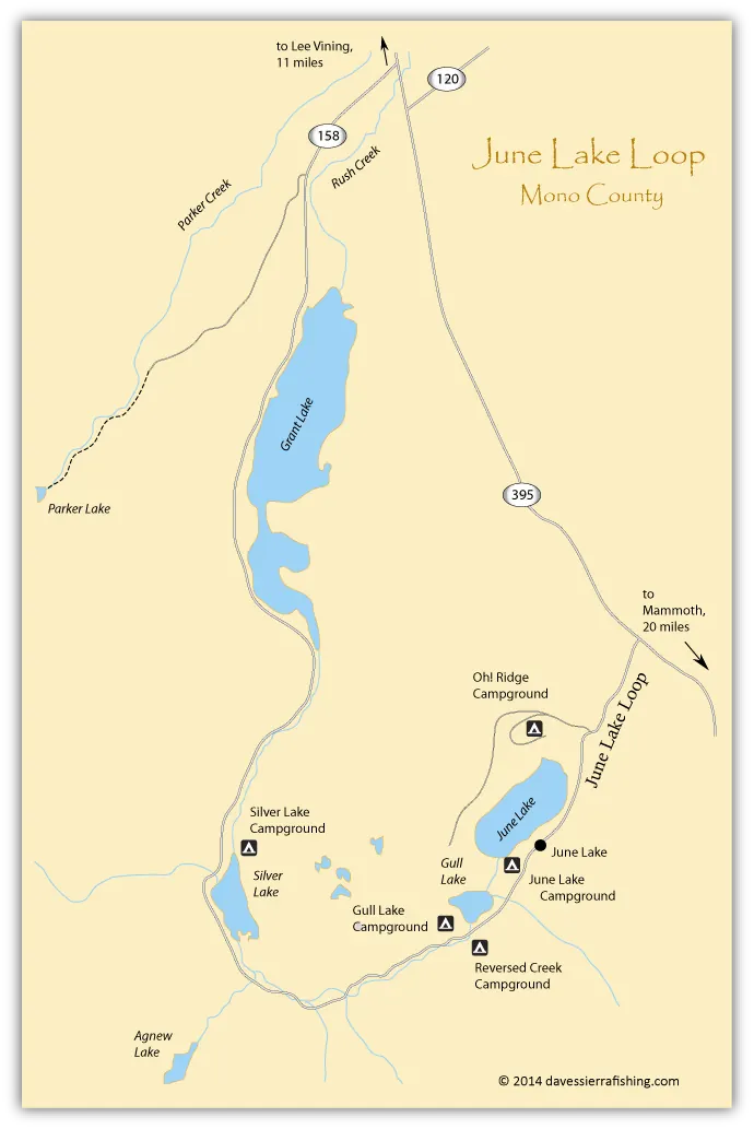 Map of the June Lake Loop showing June, Gull, Silver and Grant lakes along Highway 158