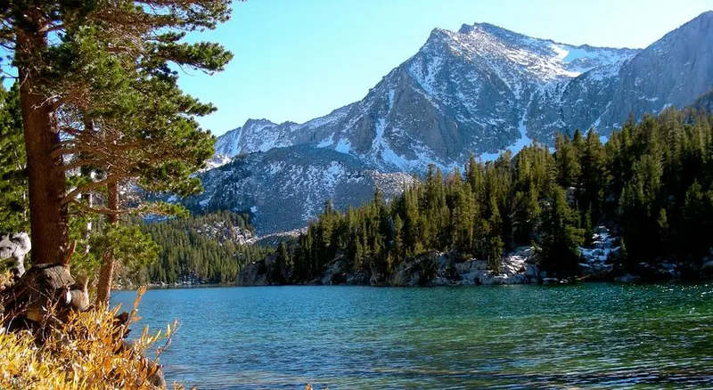 A high country lake below granite peaks near Yosemite's east entrance